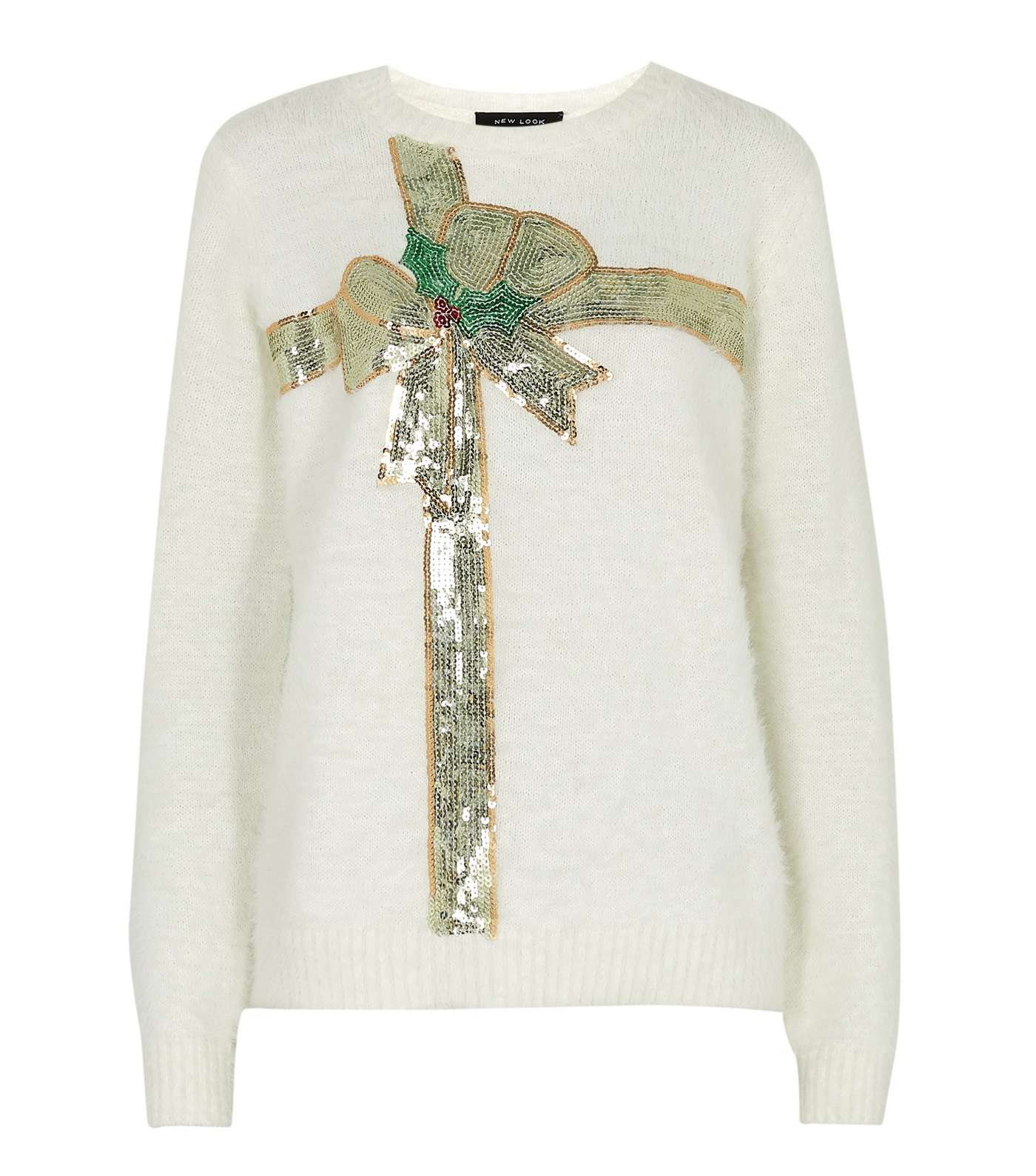 White Sequin Bow Brushed Knit Christmas Jumper Image 5