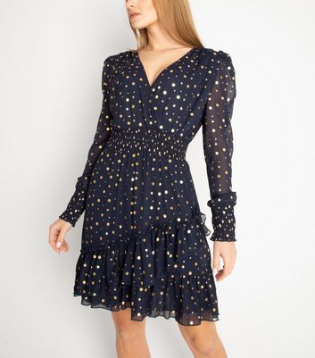 navy spot wrap dress