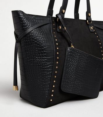 Black Faux Croc Studded Tote Bag