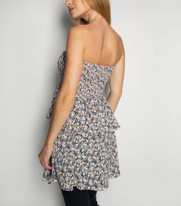 Image of Gini London Purple Floral Bandeau Tiered Top New Look