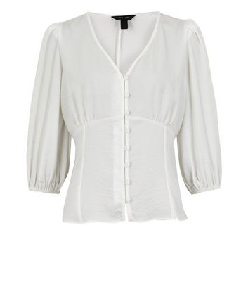 Off White Puff Sleeve Button Front Tea 