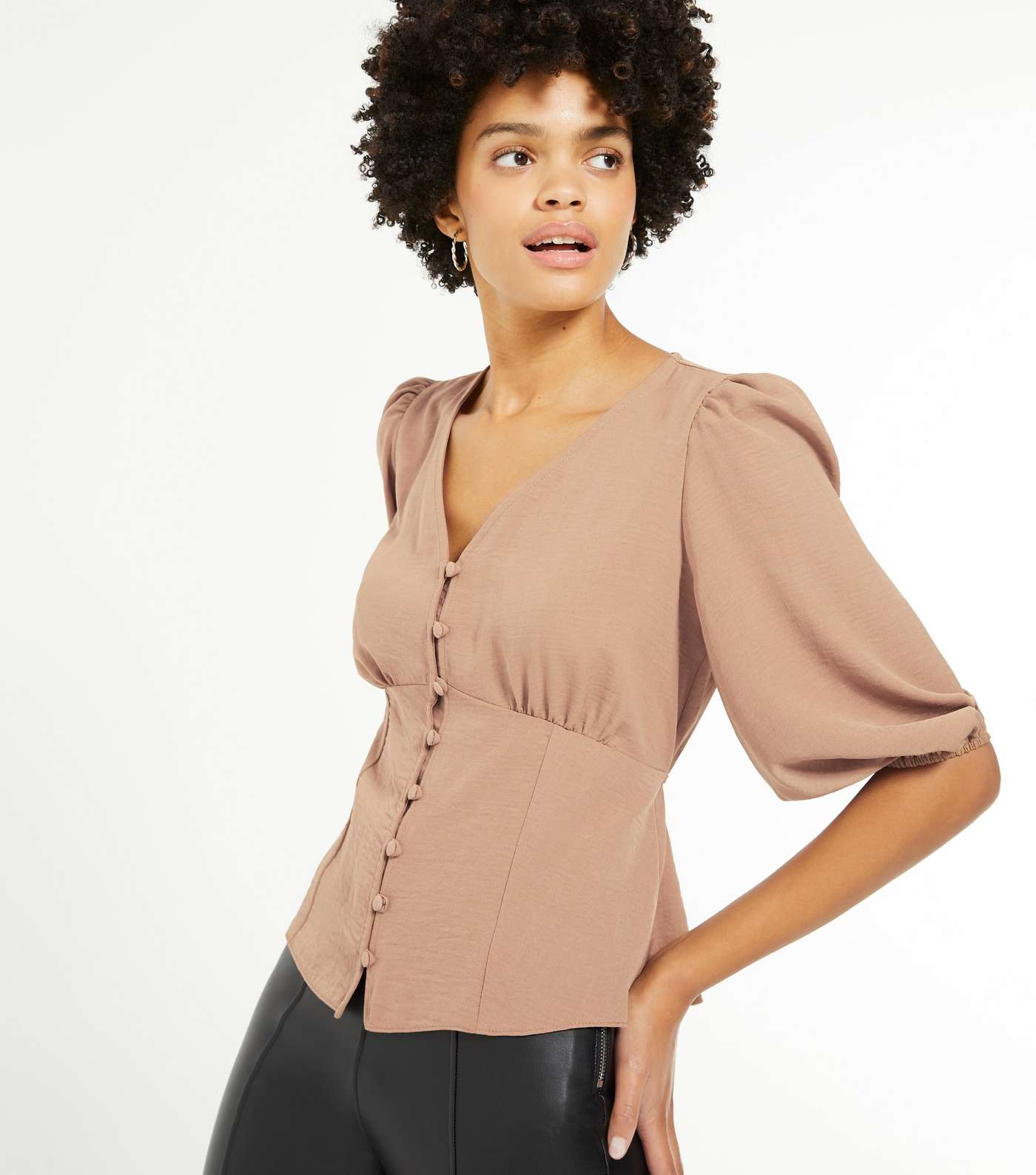 Camel Puff Sleeve Button Front Tea Blouse 