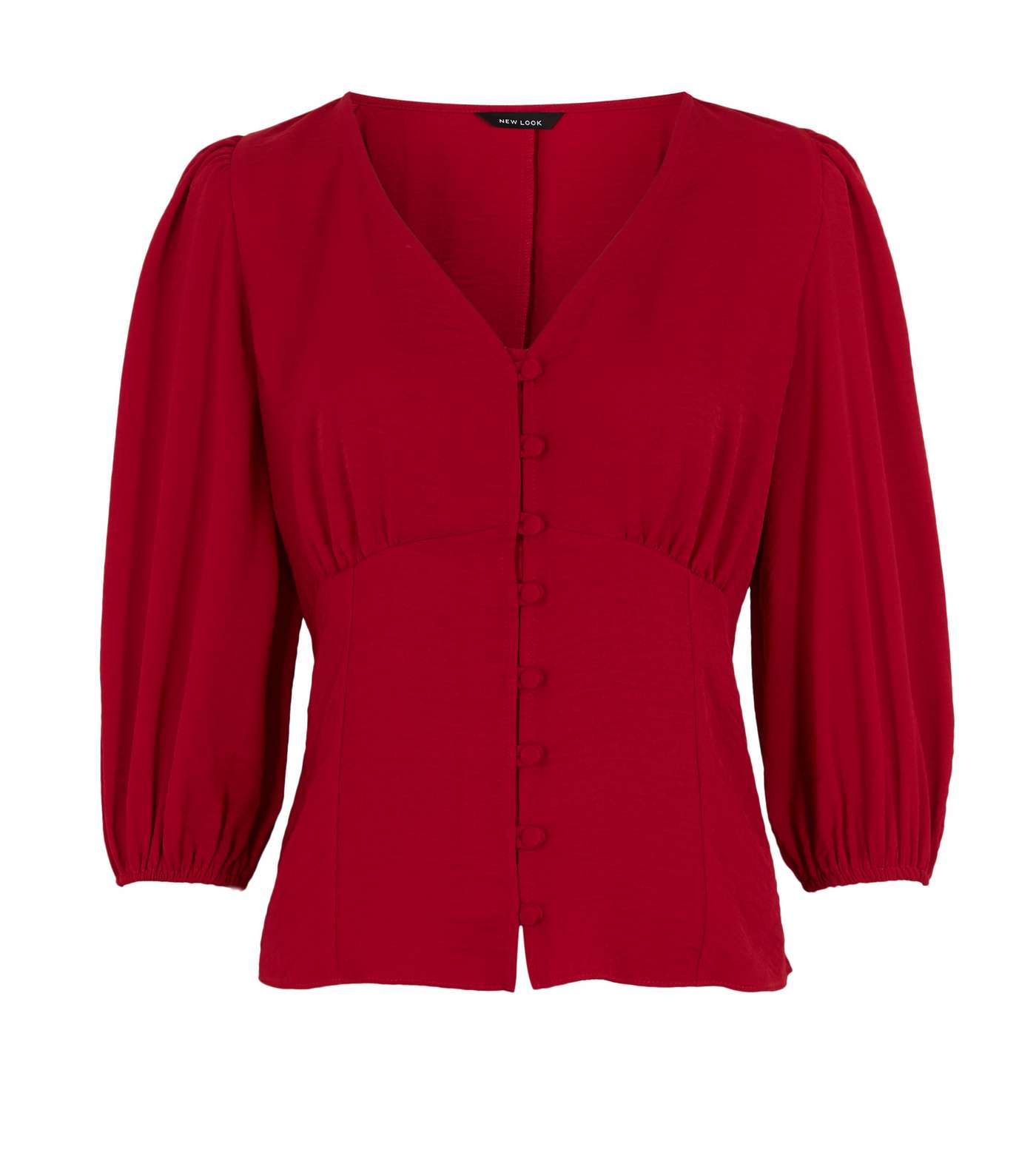 Red Puff Sleeve Button Front Tea Blouse Image 5
