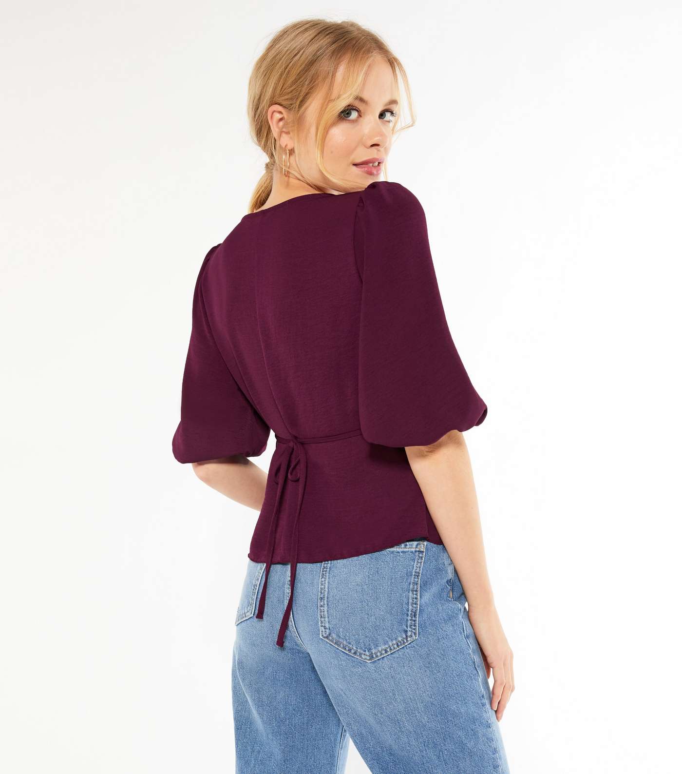 Burgundy Puff Sleeve Button Front Tea Blouse  Image 3