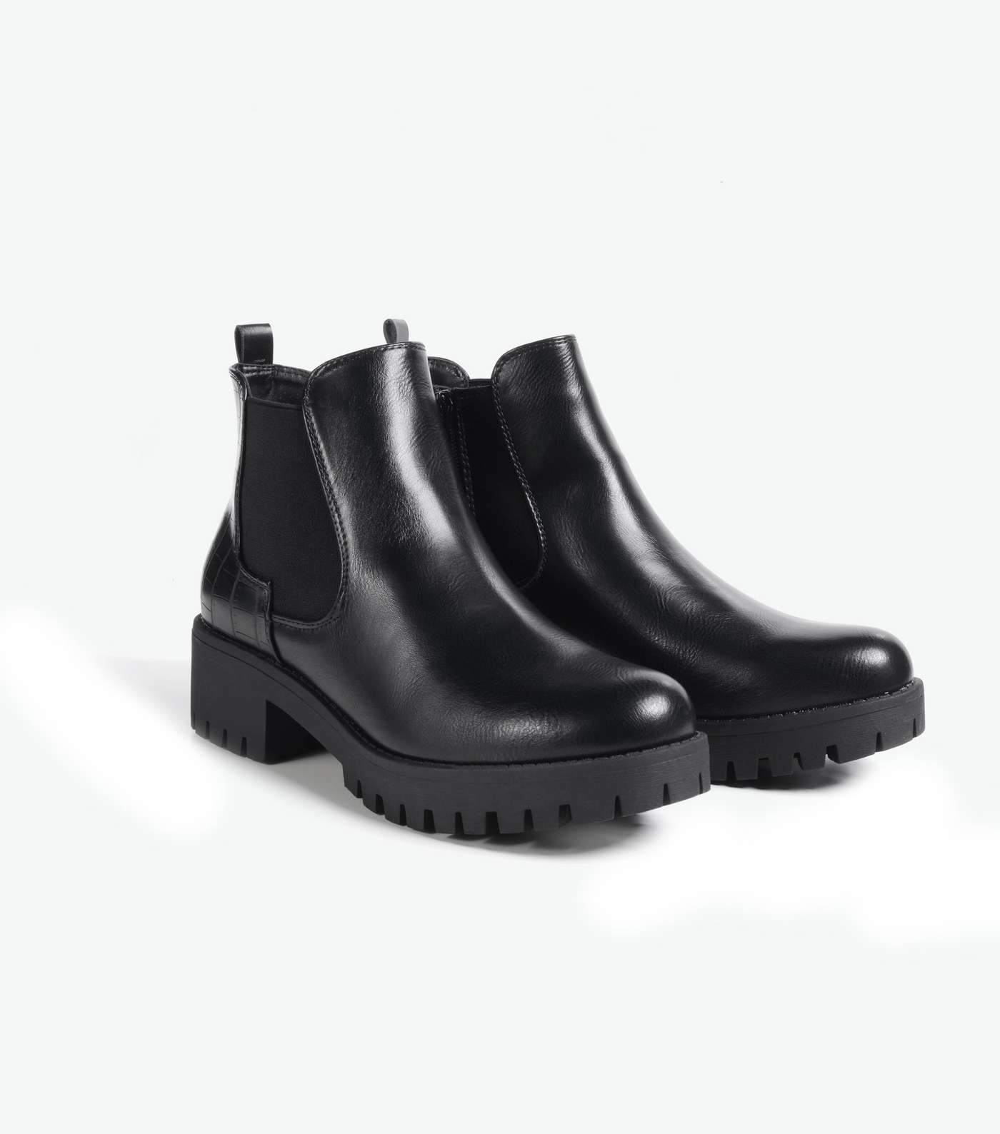 Black Faux Croc Panel Chunky Chelsea Boots Image 2
