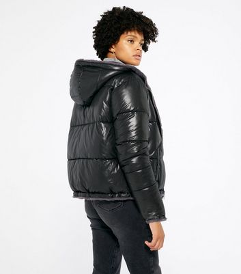 Black Reversible Faux Fur Puffer Coat 