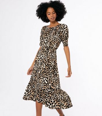 Brown Leopard Print Puff Sleeve Midi 