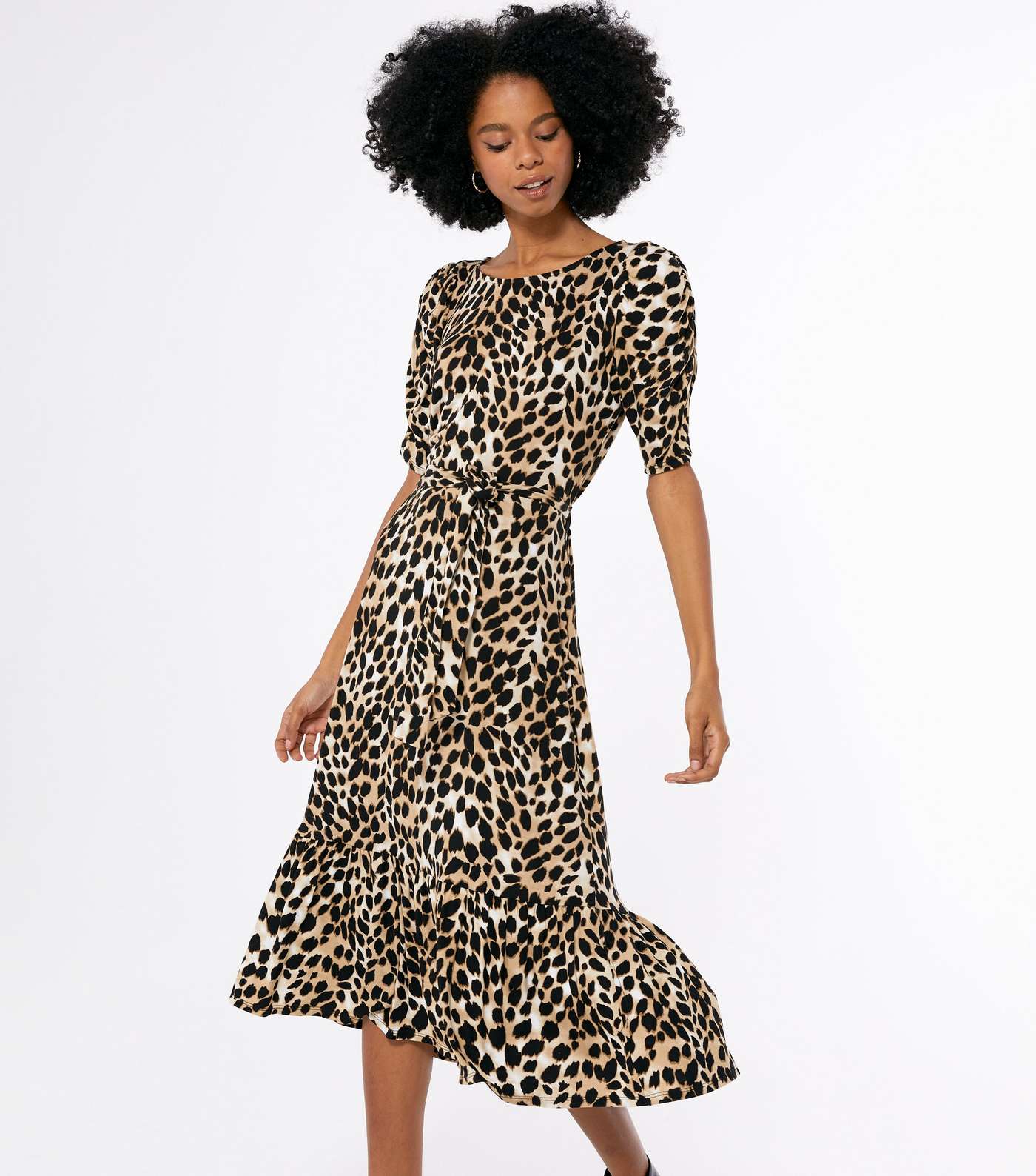 Brown Leopard Print Puff Sleeve Midi Dress Image 2