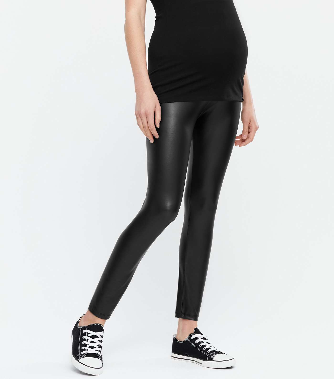 Maternity Black Coated Leather-Look Over Bump Leggings Image 2