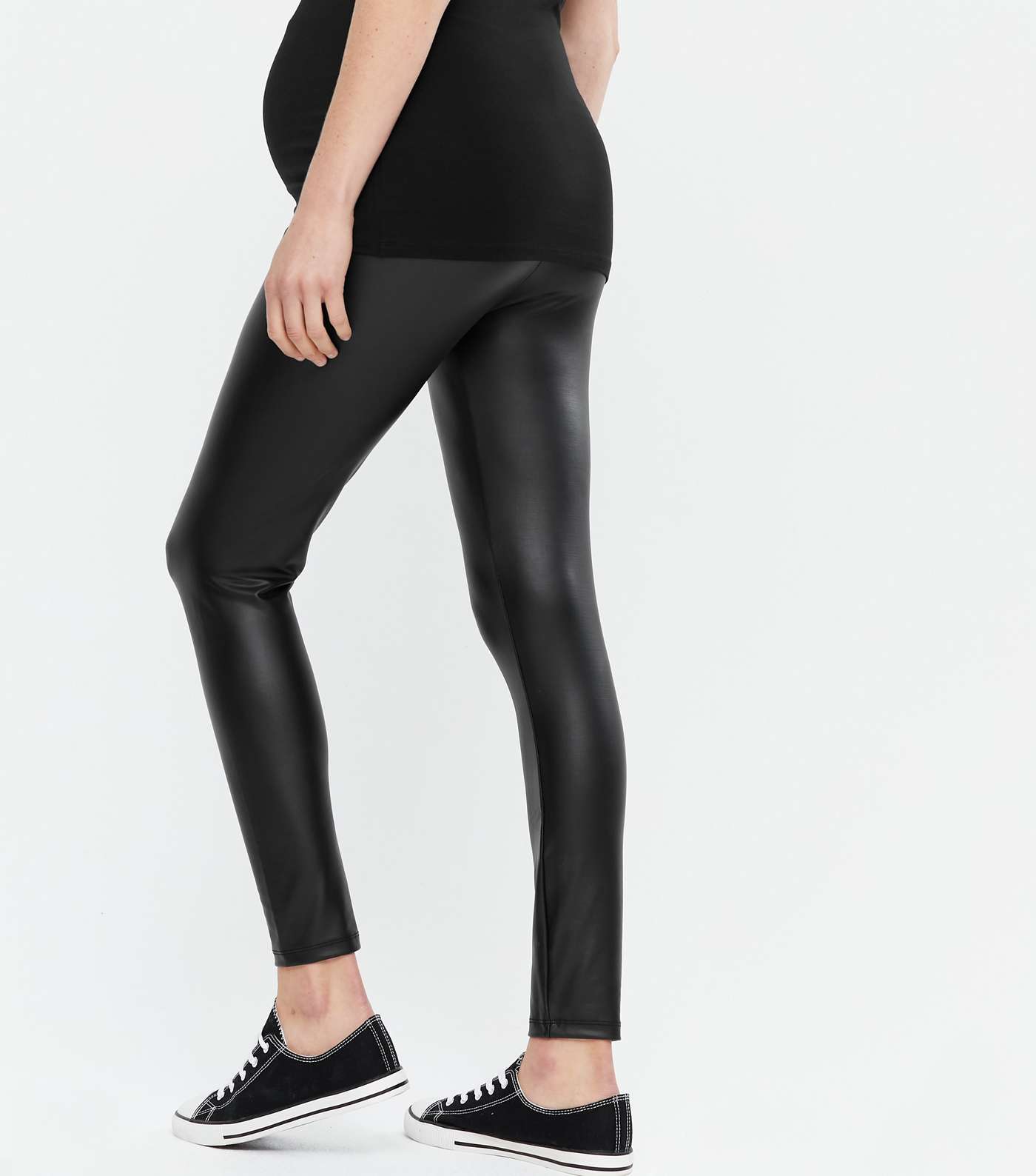 Maternity Black Coated Leather-Look Over Bump Leggings Image 4