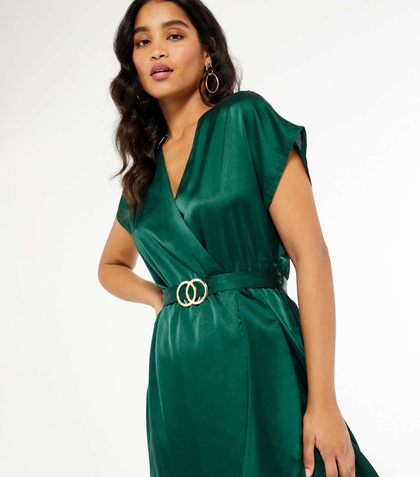 Dark Green Satin Belted Ruffle Wrap Midi Dress  Image 4