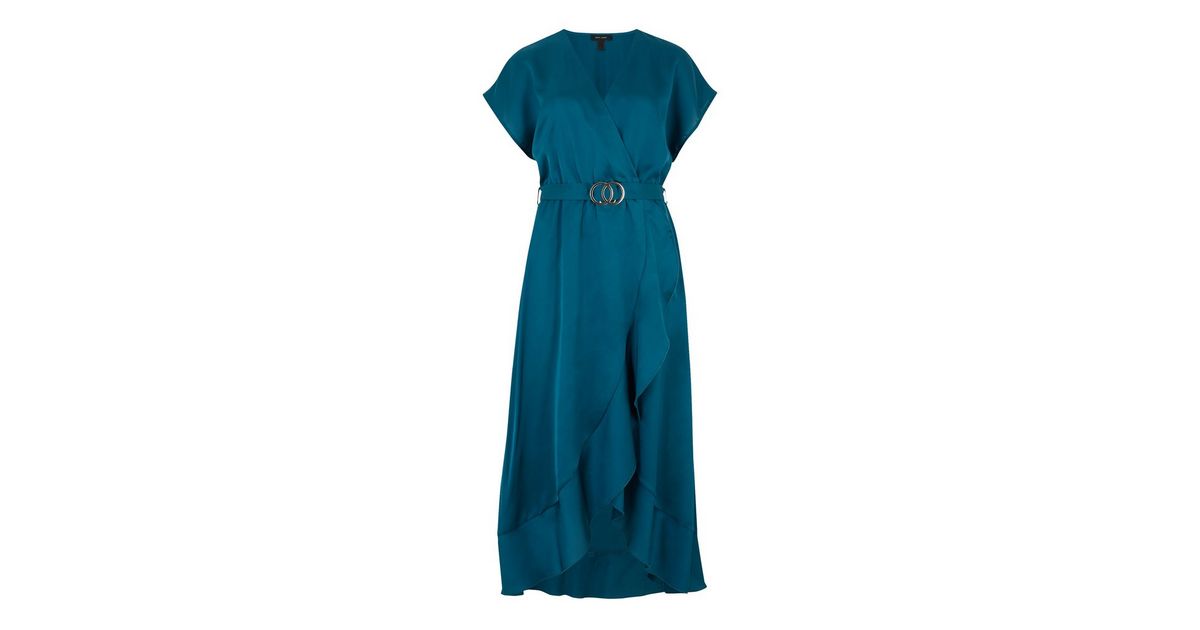 Teal Satin Belted Ruffle Wrap Midi Dress New Look