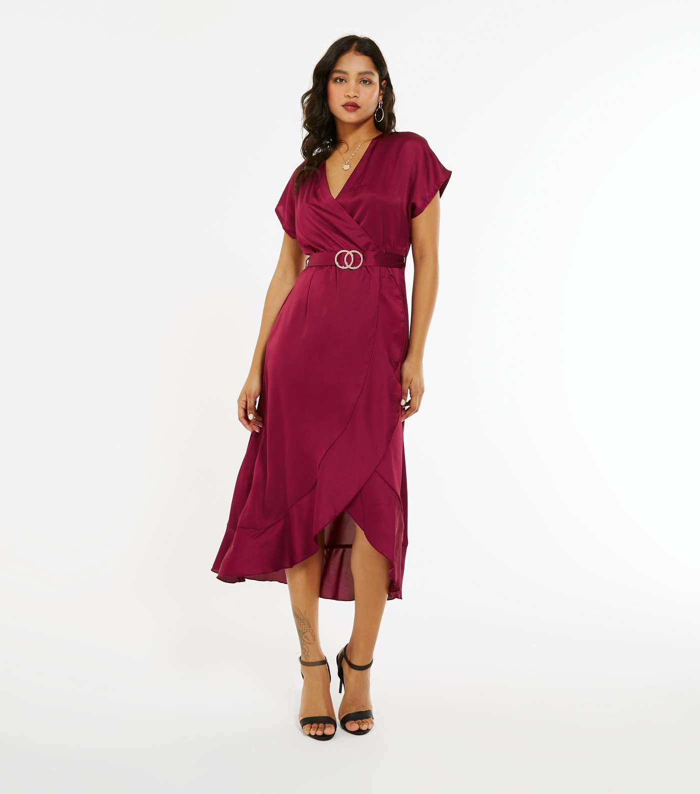 Burgundy Satin Belted Ruffle Wrap Midi Dress  Image 3
