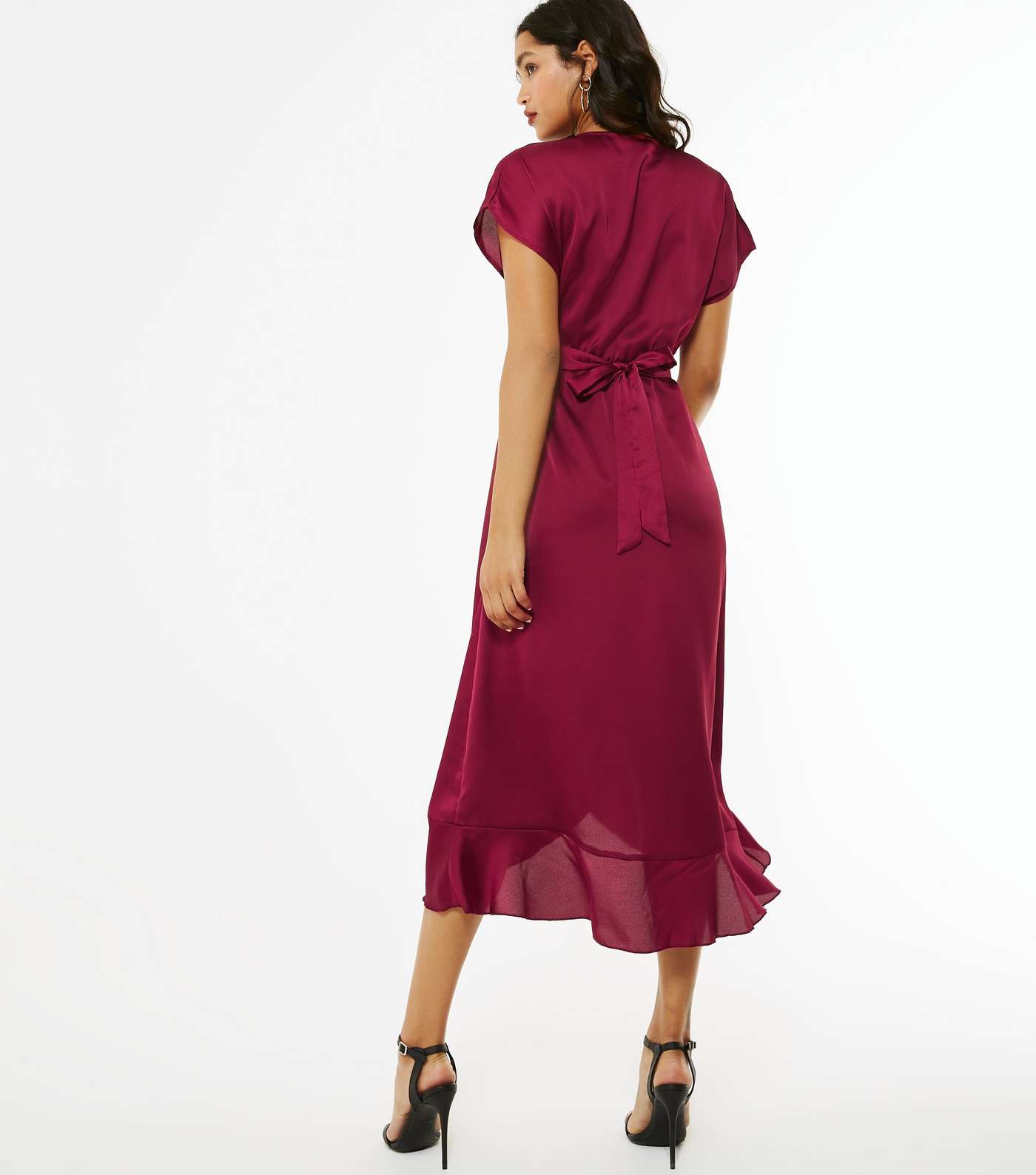 Burgundy Satin Belted Ruffle Wrap Midi Dress  Image 5