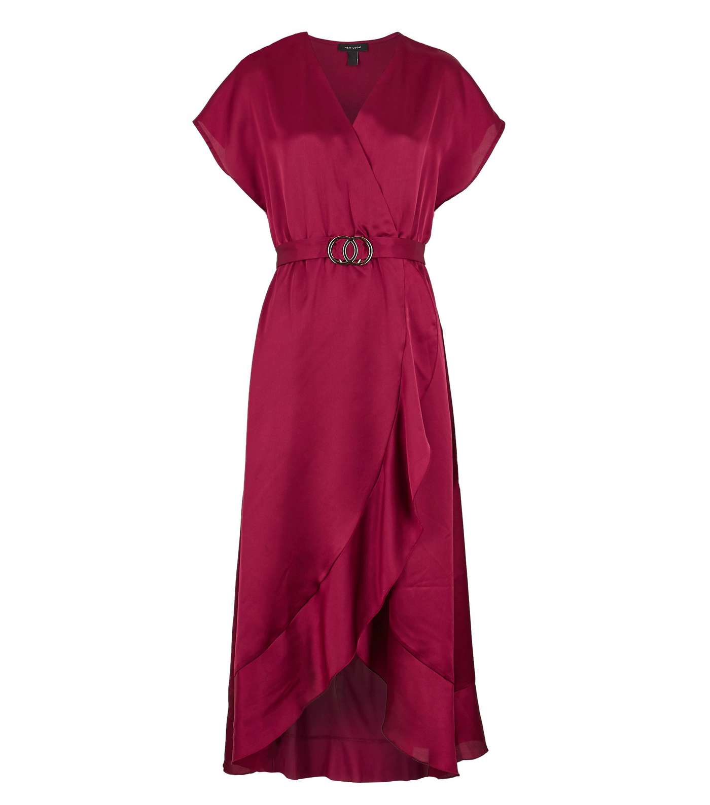 Burgundy Satin Belted Ruffle Wrap Midi Dress  Image 7