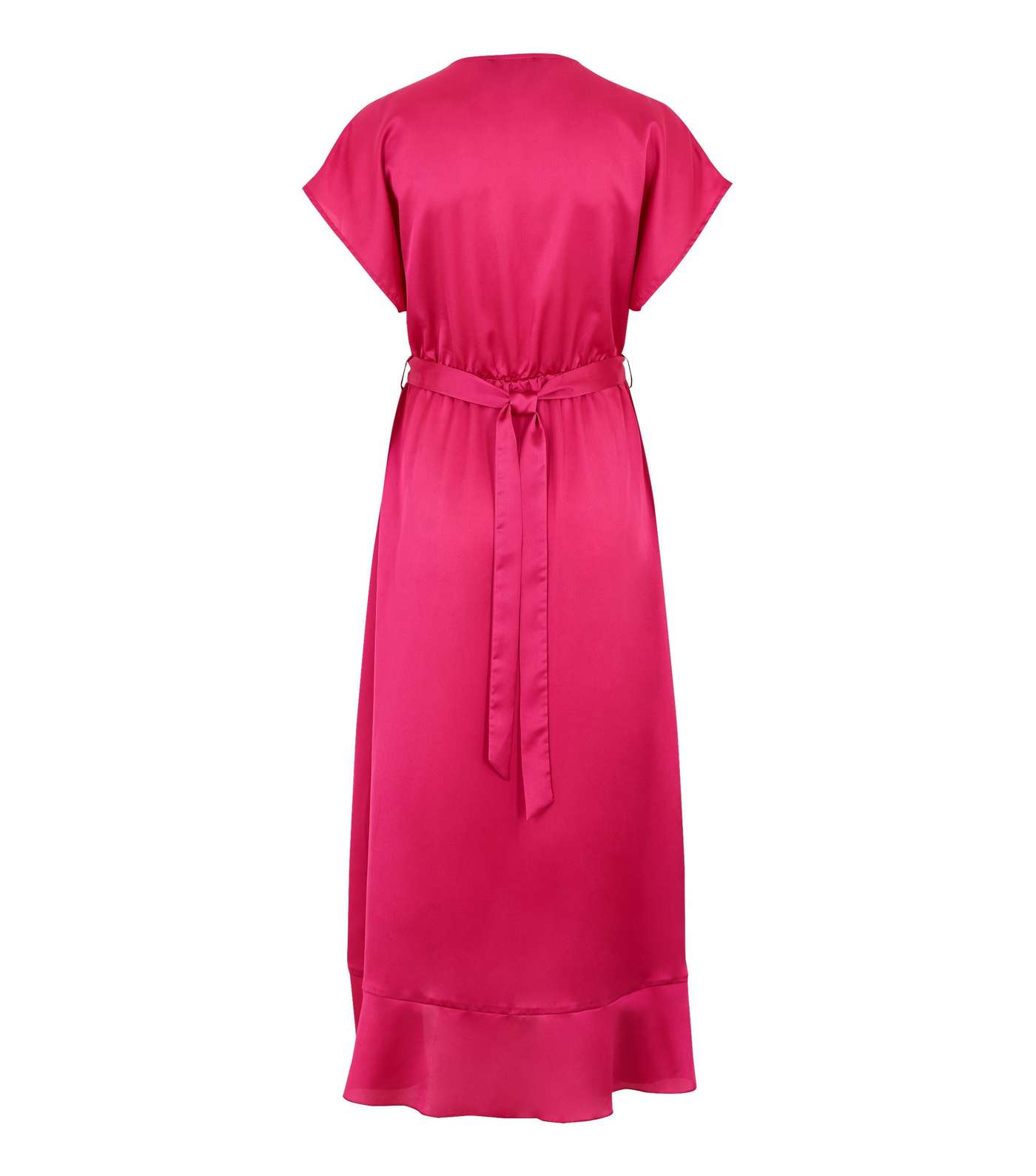 Deep Pink Satin Belted Ruffle Wrap Midi Dress  Image 2