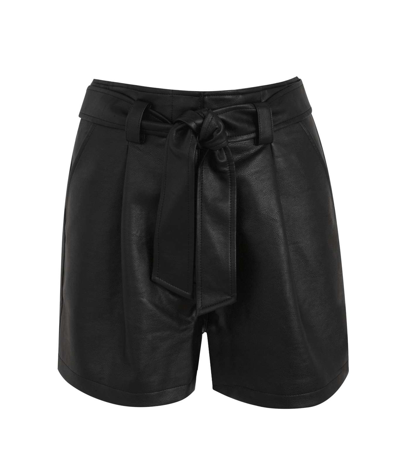 Black Leather-Look Tie Waist Shorts Image 5