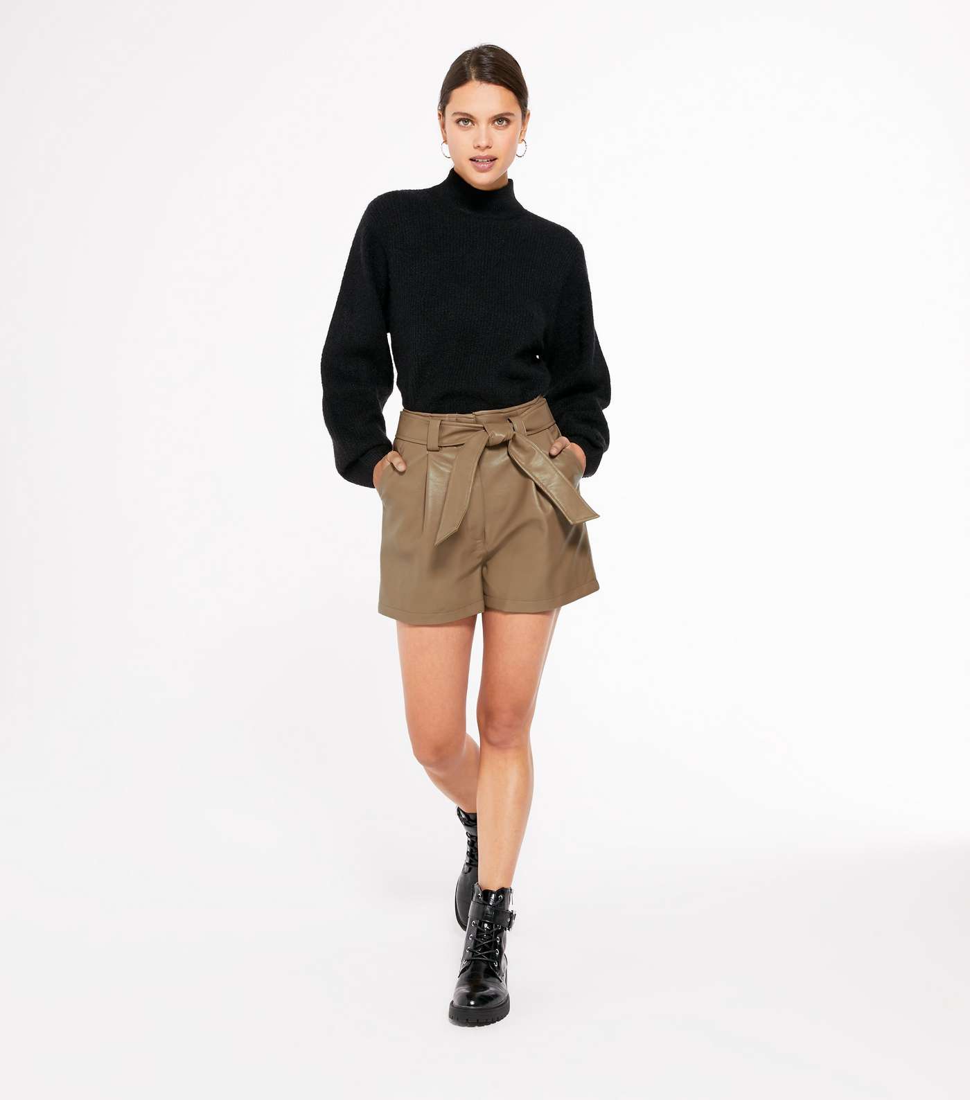 Brown Leather-Look Tie Waist Shorts