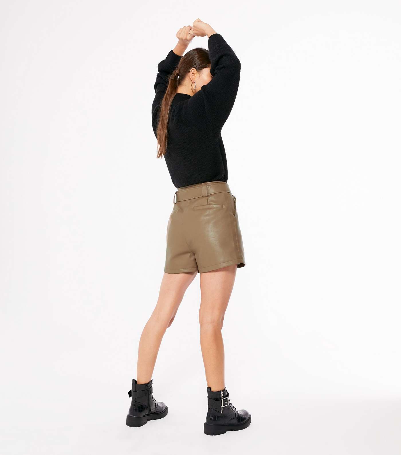 Brown Leather-Look Tie Waist Shorts Image 3