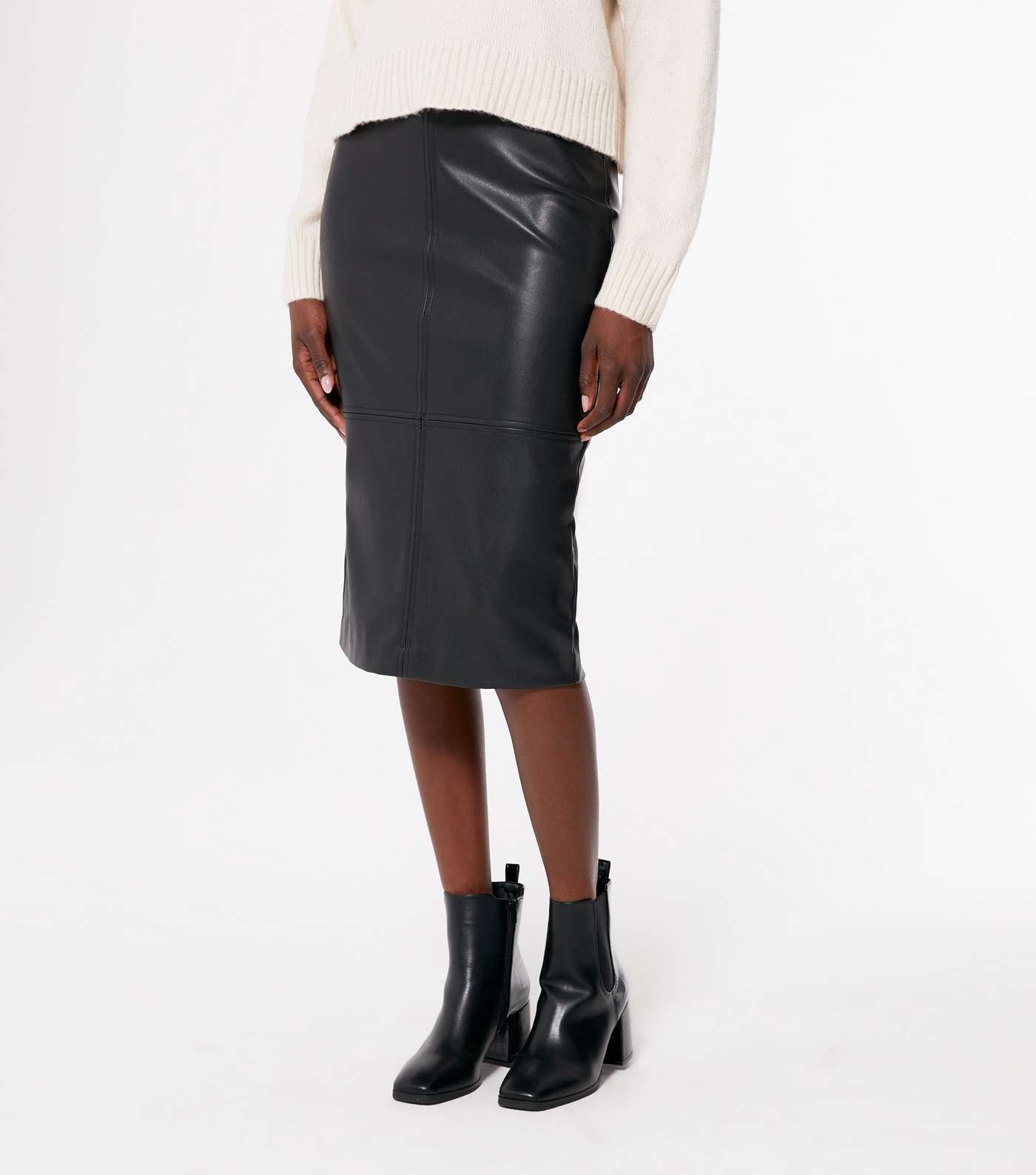 Black Leather-Look Midi Pencil Skirt Image 2