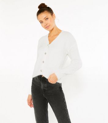 Fluffy Knit Gem Button Boxy Cardigan 