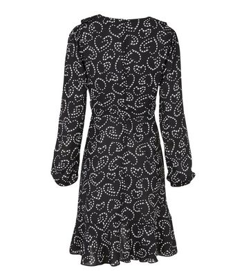 Image of Blue Vanilla Black Bird Print Ruffle Wrap Dress New Look