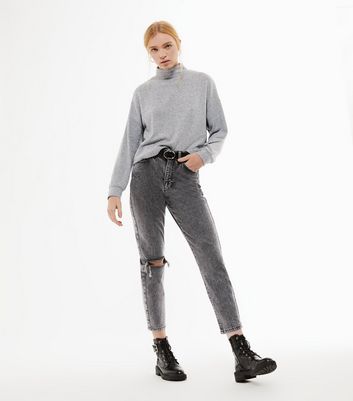 Dark Grey Acid Wash Ripped Tori Mom Jeans | New Look