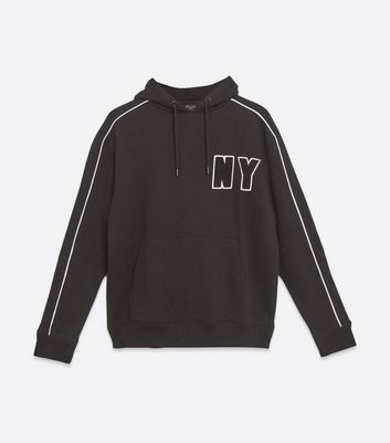 Image of Black Bouclé NY Piped Logo Hoodie New Look