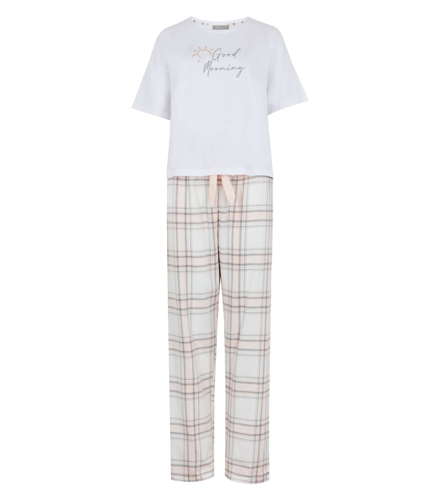 Off White Good Morning Slogan Check Trouser Pyjama Set Image 5