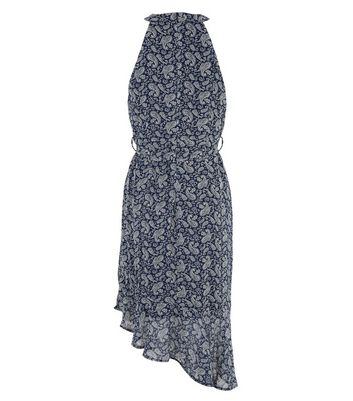 Image of Navy Paisley High Neck Asymmetric Dress New Look
