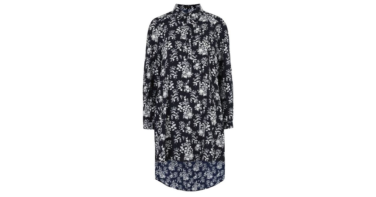 Navy Floral Dip Hem Shirt Dress New Look