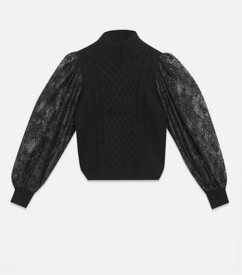 Image of Blue Vanilla Black Lace Puff Sleeve Cable Knit Jumper New Look