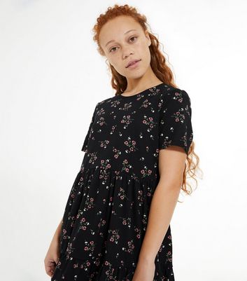 Girls Black Floral Short Sleeve Skater Dress New Look