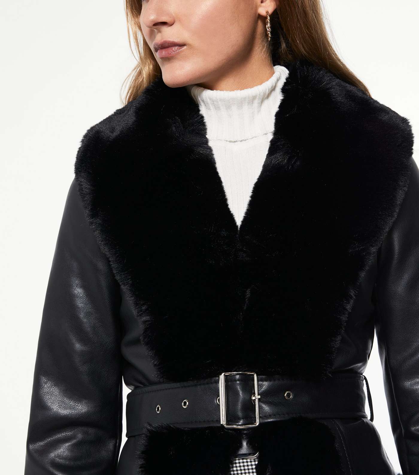 Blue Vanilla Black Faux Fur Trim Belted Coat Image 4