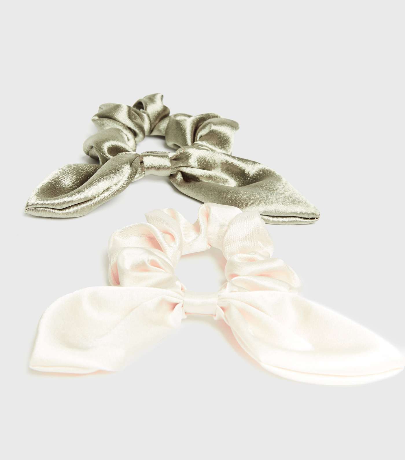 2 Pack Green and White Satin Bow Scrunchies