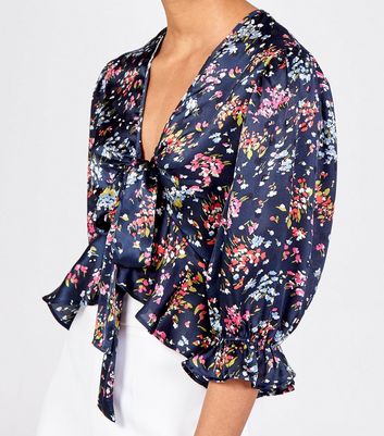 Image of Blue Vanilla Navy Ruffle Ditsy Tie Front Top New Look