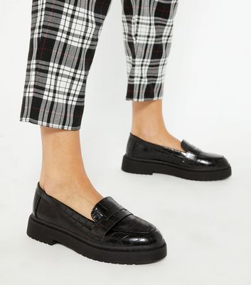 Image of Black Faux Croc Chunky Penny Loafers New Look Vegan