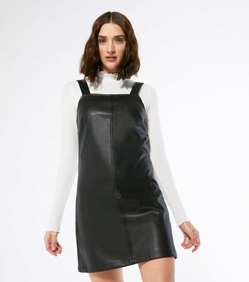 Black Leather Look Mini Pinafore Dress New Look