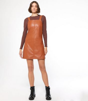 brown leather pinafore dress