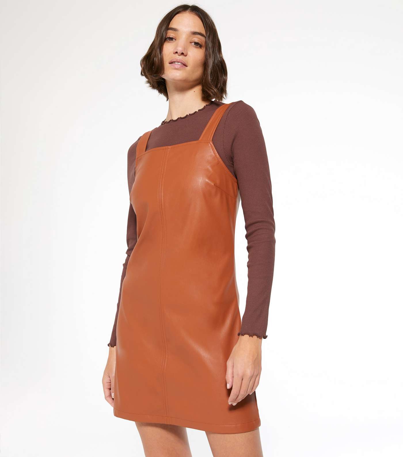 Tan Leather-Look Mini Pinafore Dress Image 2