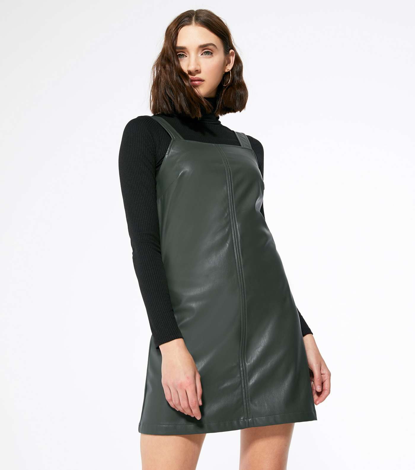 Khaki Leather-Look Mini Pinafore Dress Image 2