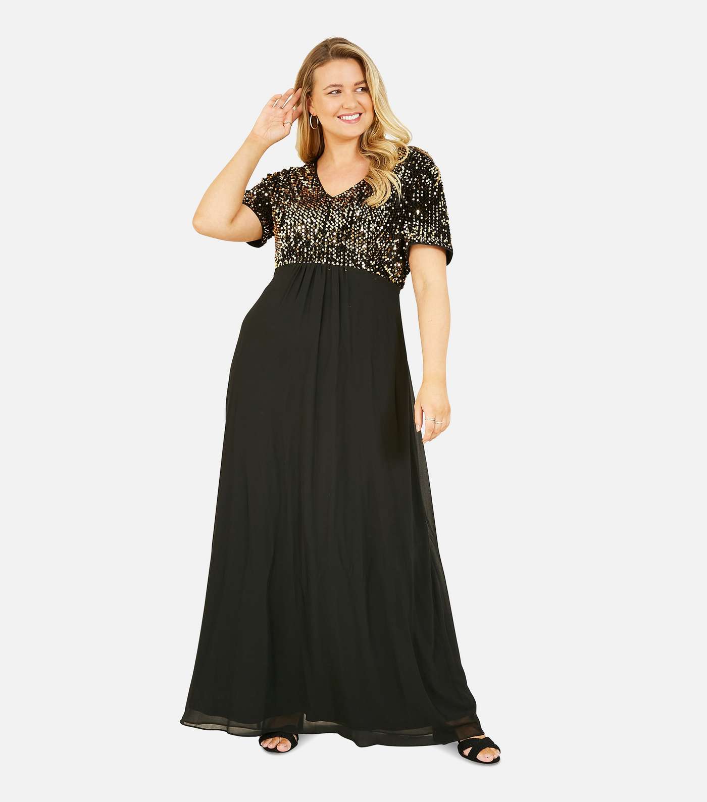 Mela Curves Black Gold Sequin Short Sleeve Maxi Dress