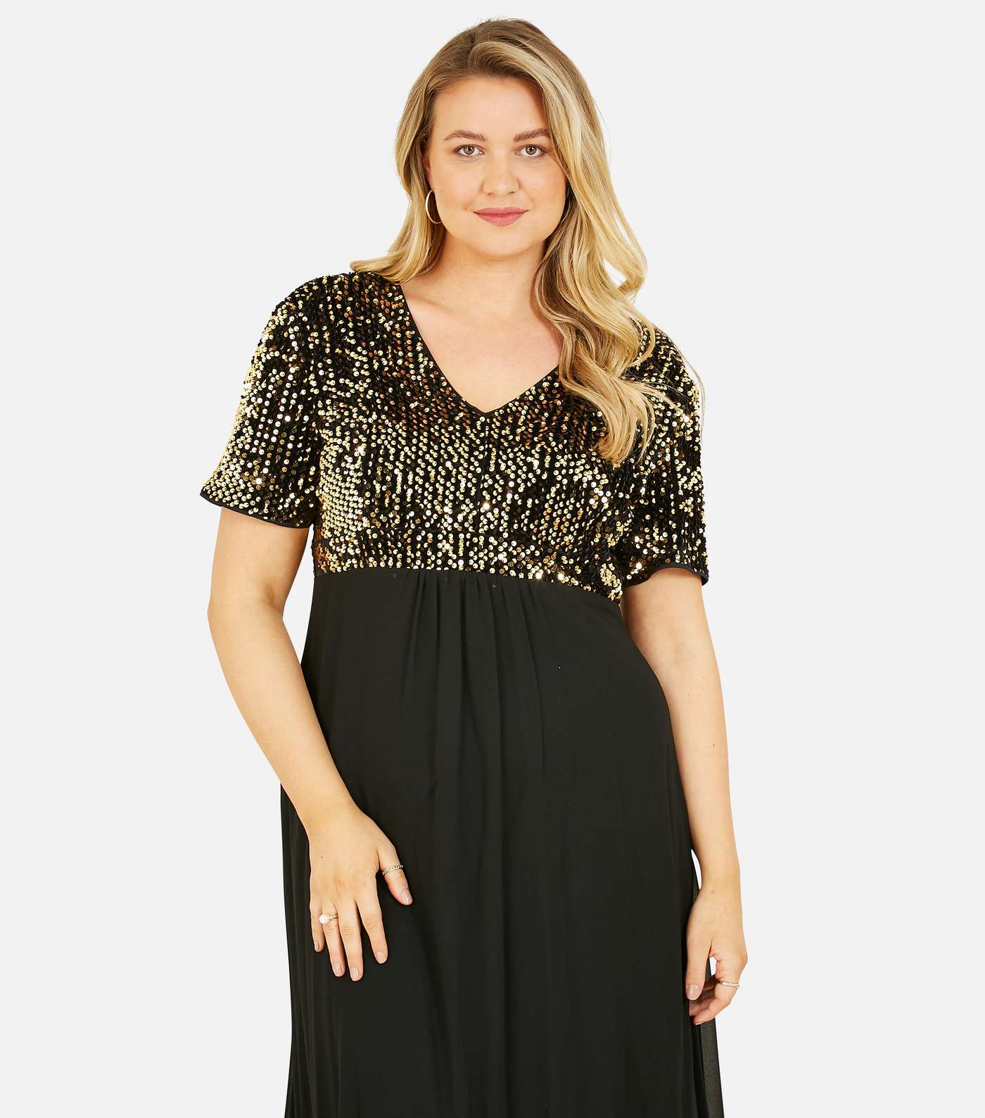 Mela Curves Black Gold Sequin Short Sleeve Maxi Dress Image 3