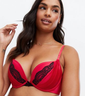 Red Satin Lace Trim Push Up Bra