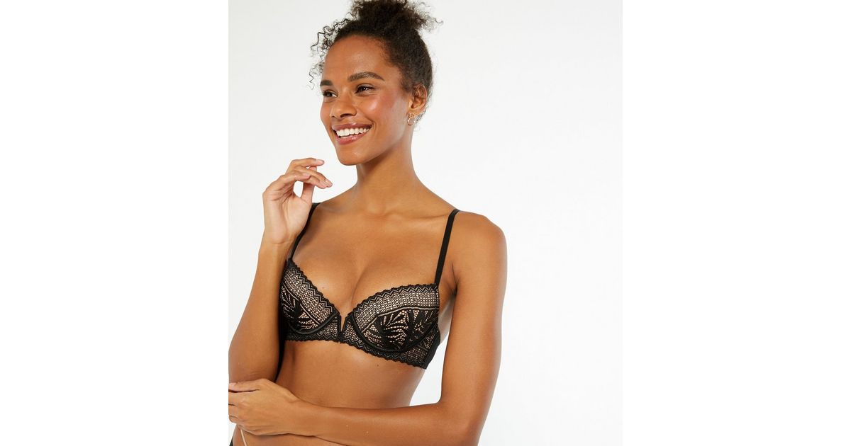 Black Linear Lace Notch Front Push Up Bra | New Look
