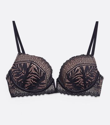 Image of Black Linear Lace Notch Front Push Up Bra New Look