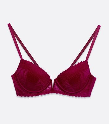 Image of Burgundy Linear Lace Notch Front Push Up Bra New Look