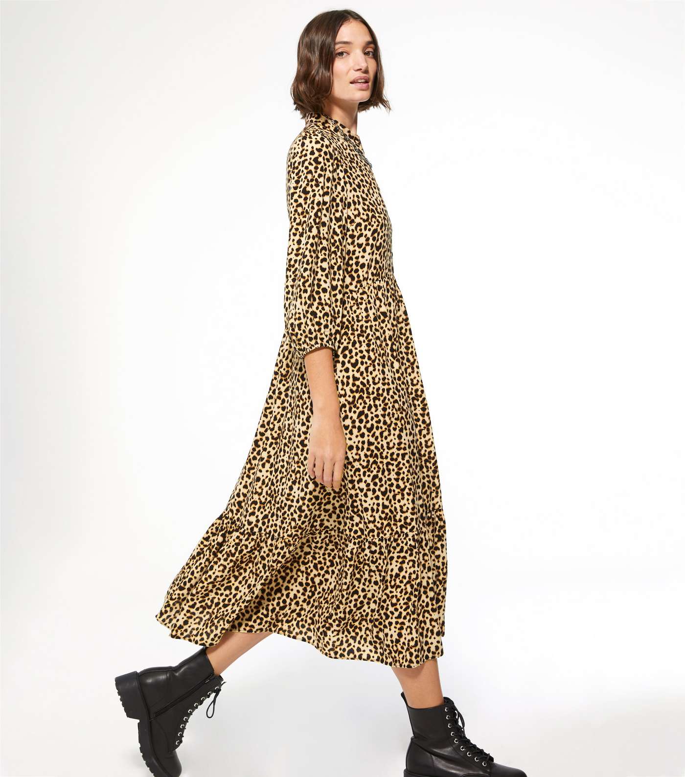 Brown Leopard Print Puff Sleeve Tiered Midi Shirt Dress