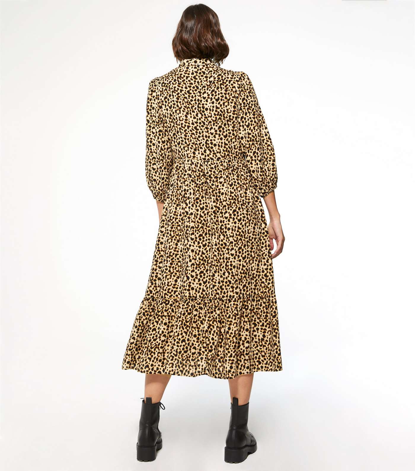 Brown Leopard Print Puff Sleeve Tiered Midi Shirt Dress Image 3