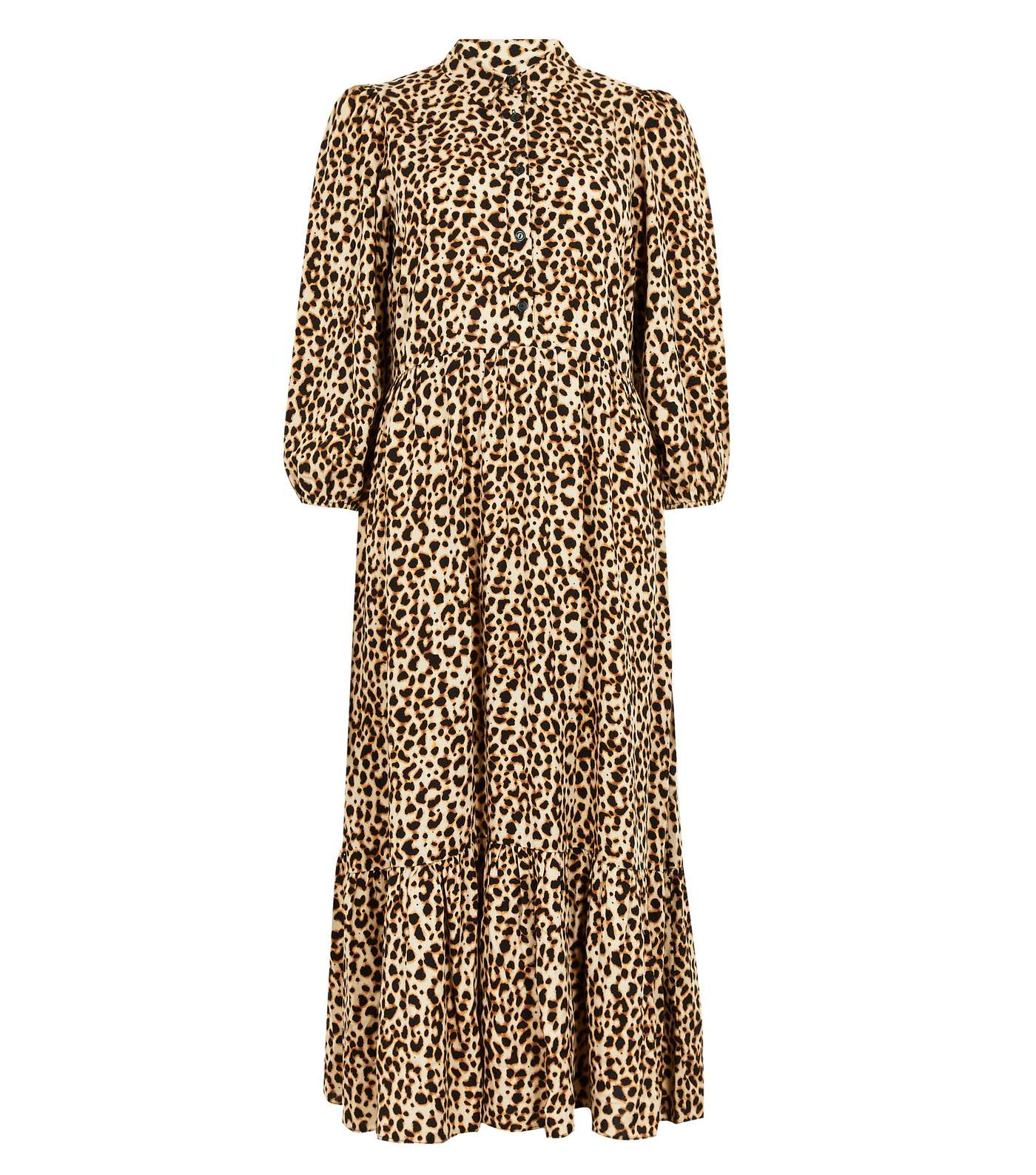 Brown Leopard Print Puff Sleeve Tiered Midi Shirt Dress Image 5
